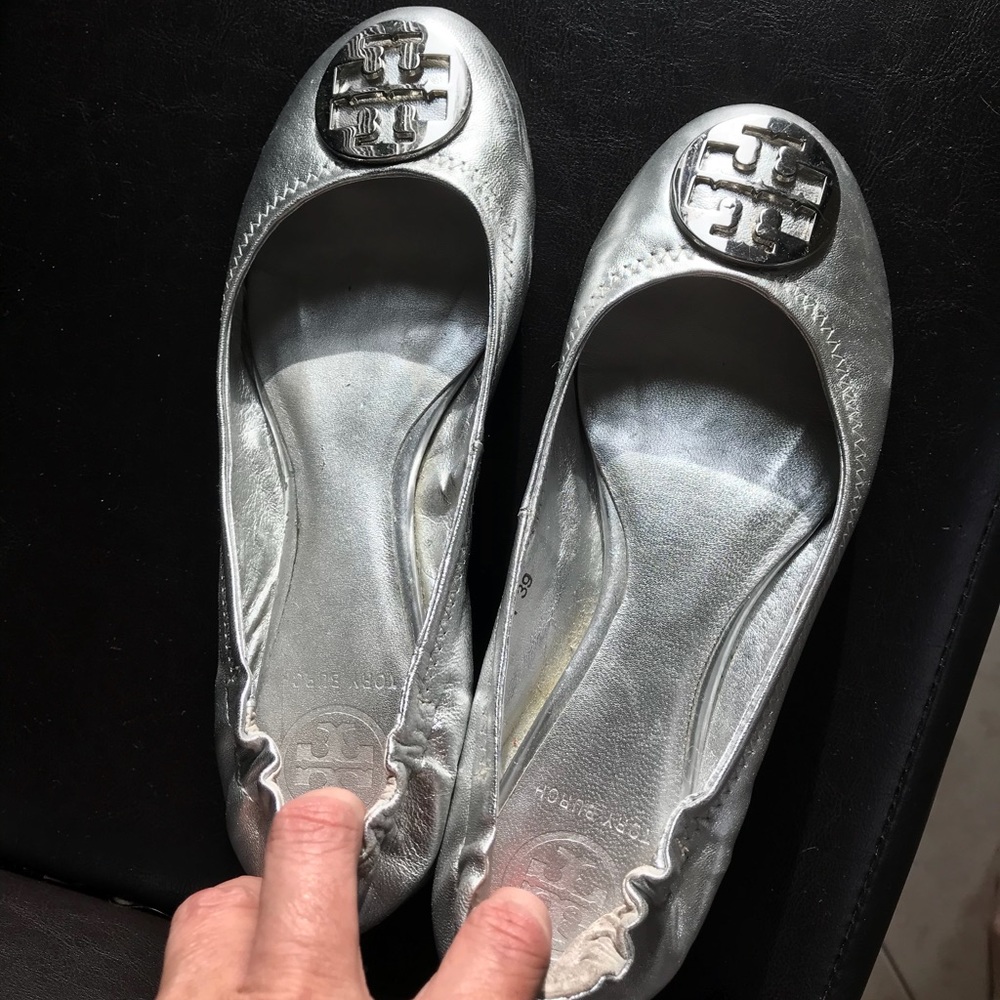 Tori Burch silver flats .  Previously loved .